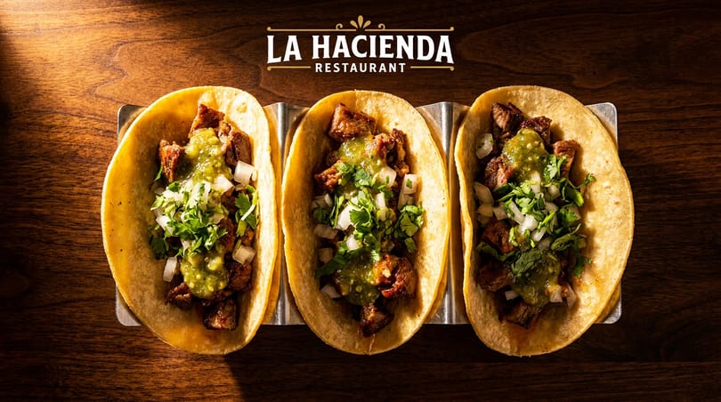Three carne asada tacos from La Hacienda Restaurant, topped with salsa, onions, and cilantro.