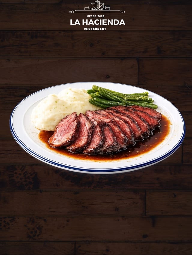 NY Strip with Mashed Potatoes & Green Beans.