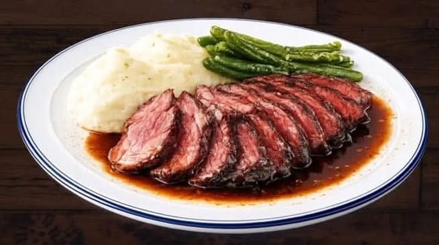Grilled Steak with Mashed Potatoes & Asparagus.